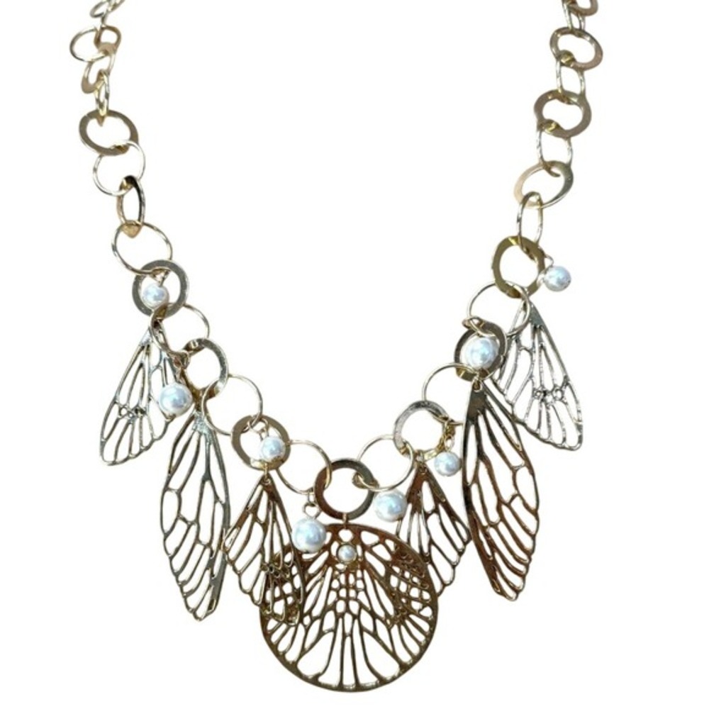 Jessica Simpson Gold Tone Faux Pearl Insect Wing Statement Necklace Whimsigoth‎